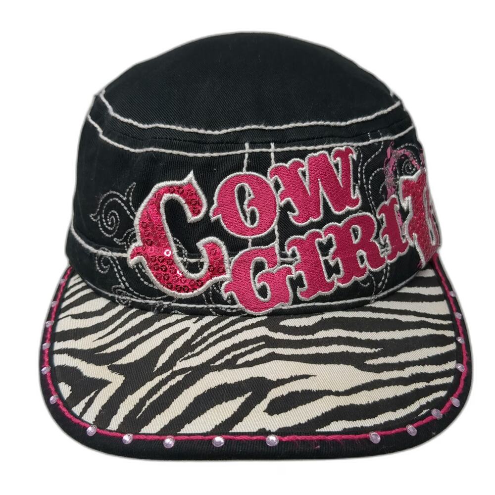 Academy Fits Army Cap Black Pink Zebra Print Cowgirls Hat One Size Rhinestones